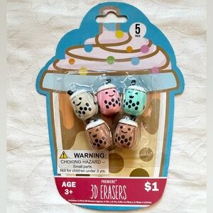 *BRAND NEW* Premiere 5 Pack Cute 3D Bubble Milk Tea W/ Boba Balls Pencil Erasers